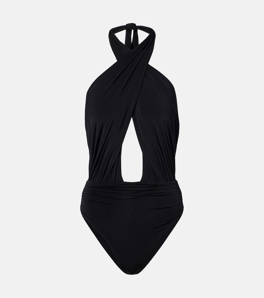 balmain cutout draped swimsuit