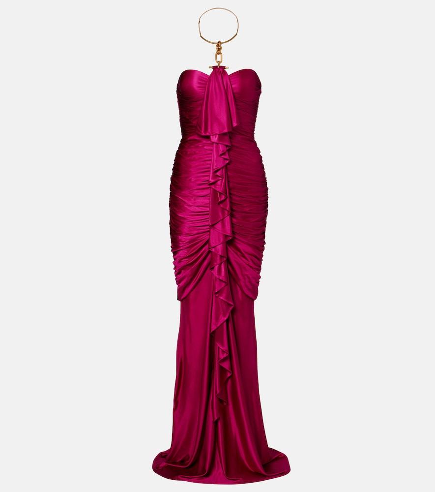 balmain draped ruffled satin bustier gown