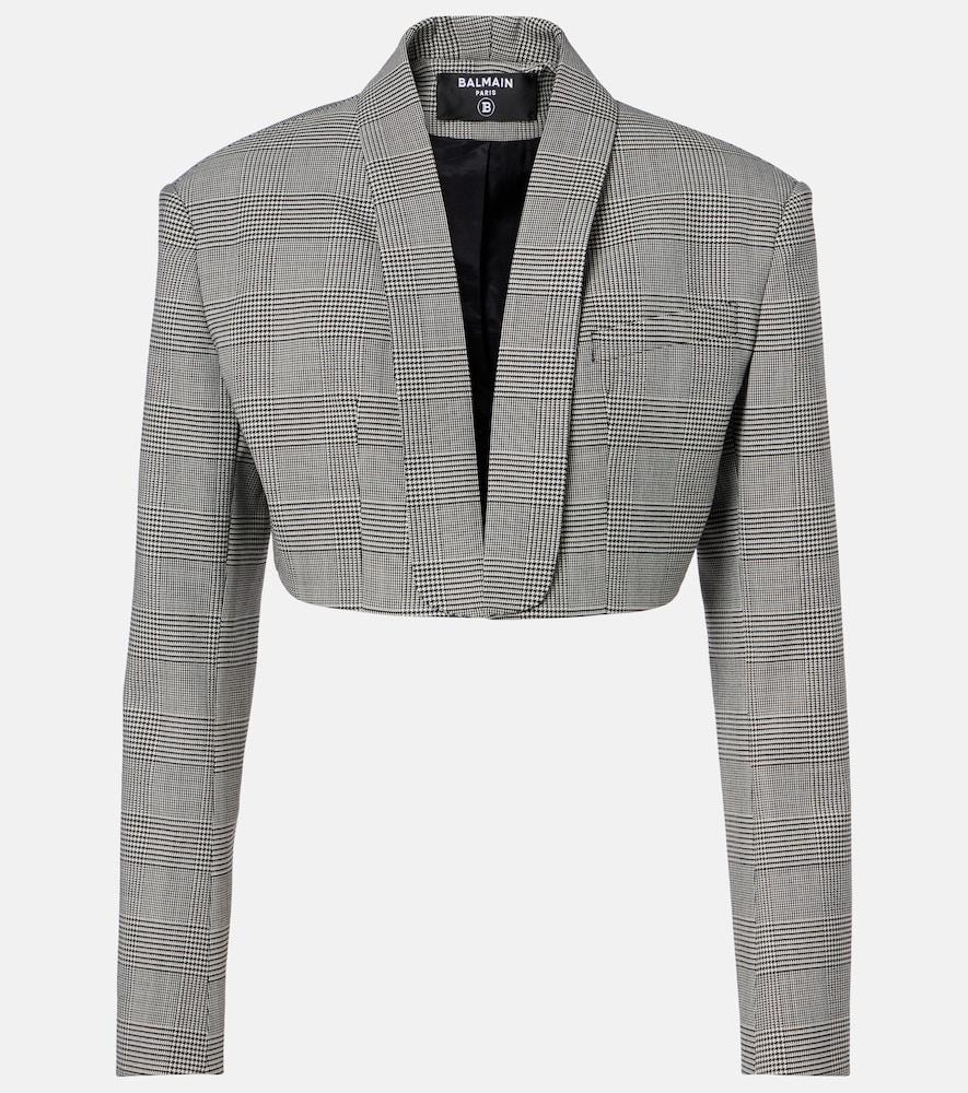 balmain houndstooth cropped wool-blend blazer