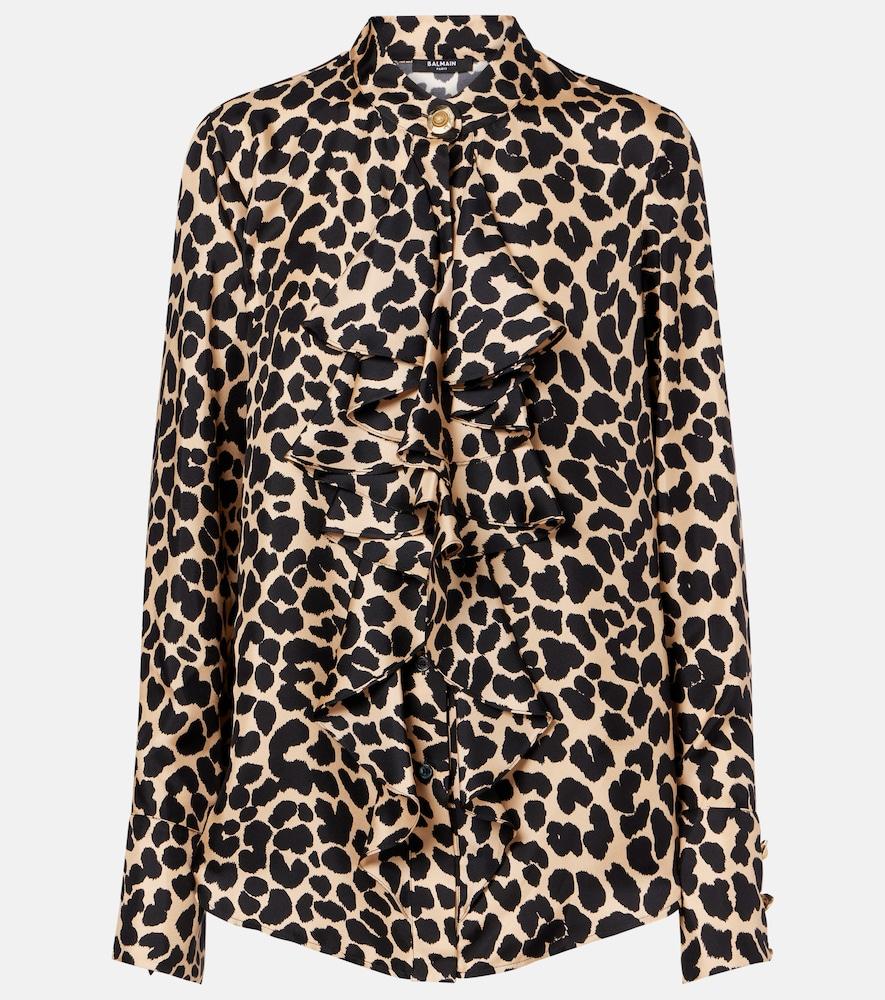 balmain leopard-print ruffled silk blouse