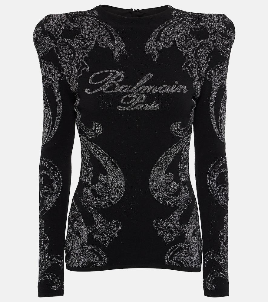 balmain logo paisley cotton-blend jersey top