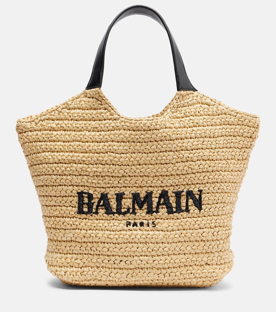 balmain logo raffia-effect top-handle bag