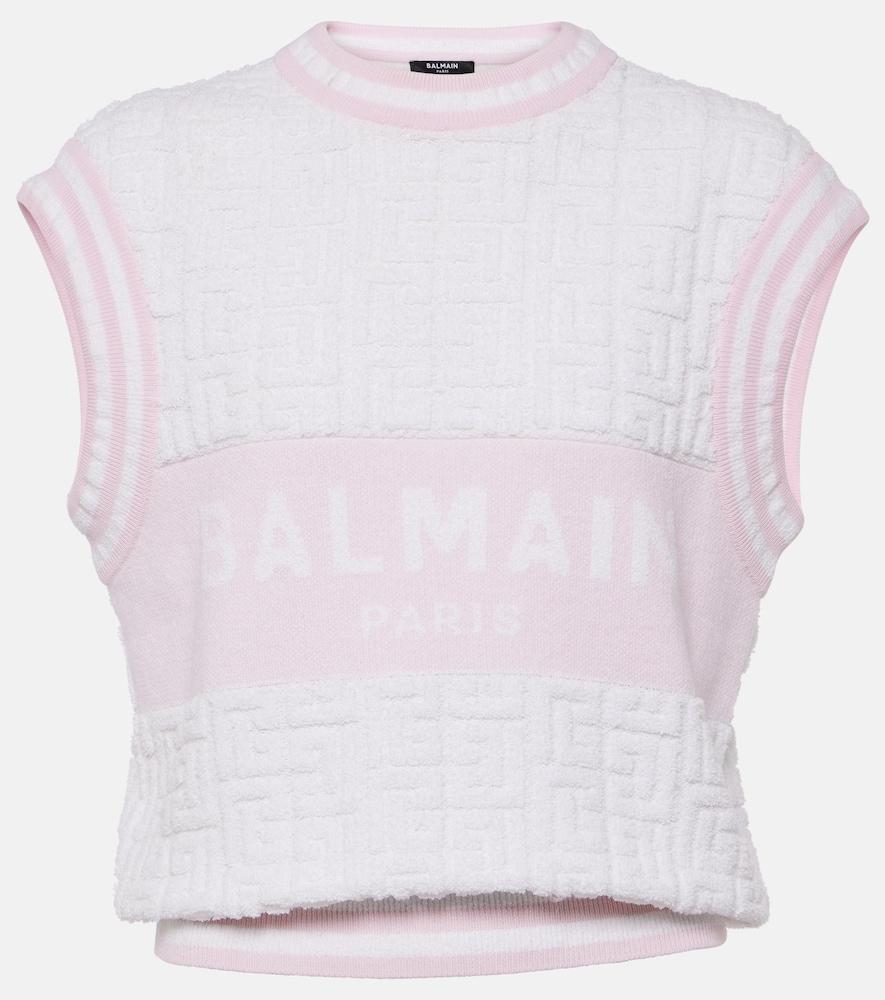 balmain monogram wool and cotton-blend knitted top