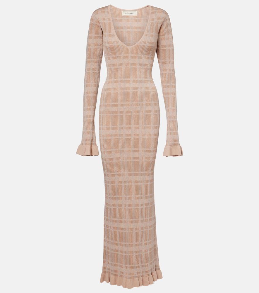 bananhot ether checked ribbed-knit ruffled maxi dress