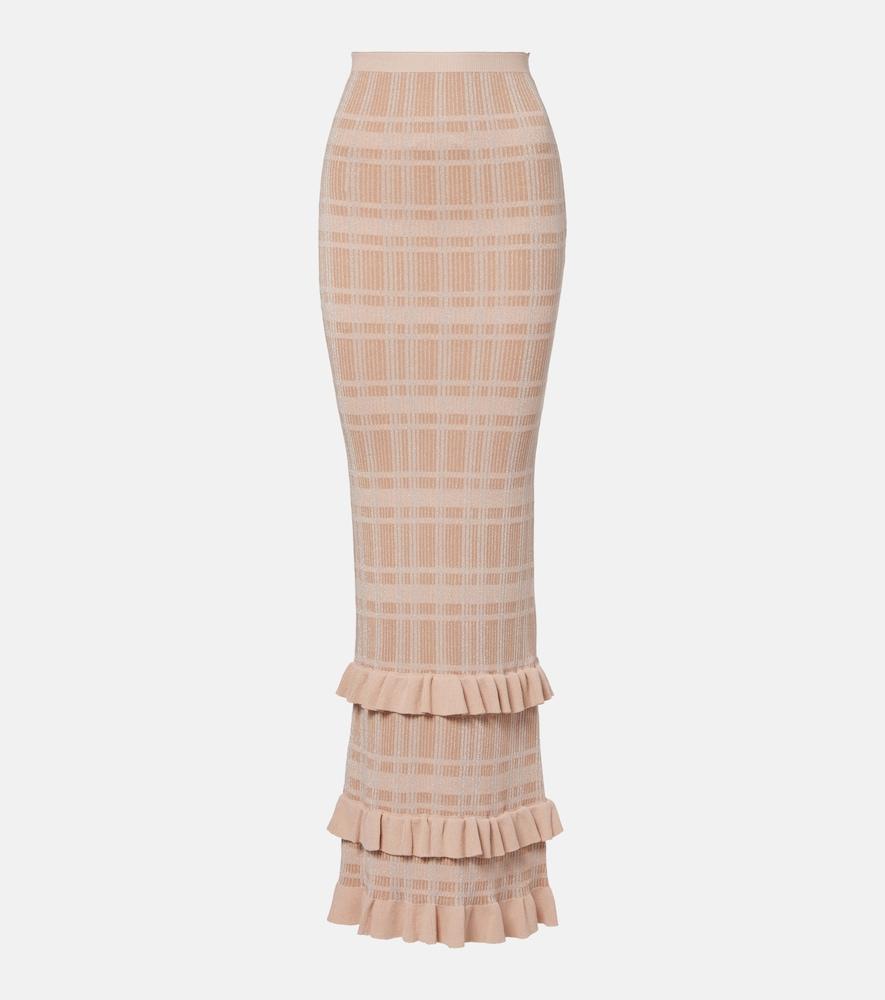 bananhot petra checked ribbed-knit ruffled pencil skirt