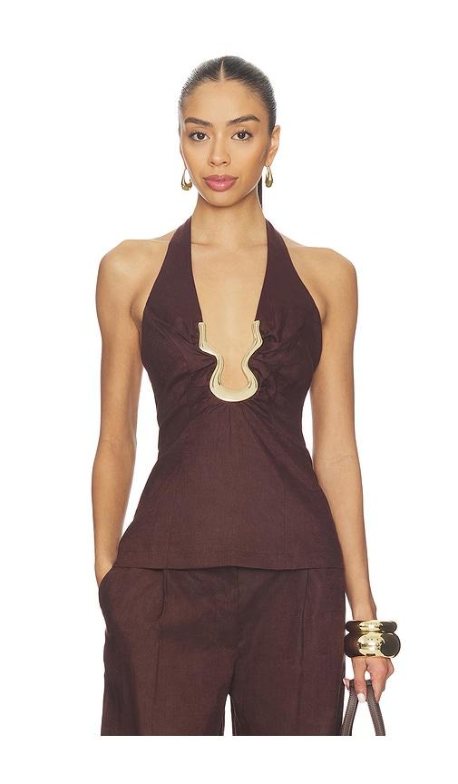 bardot cavarly linen halter top in chocolate. - size 4 (also in 6)