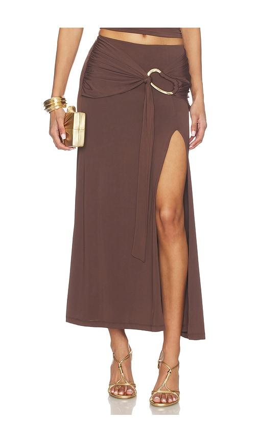bardot dion gold detail midi skirt in chocolate. - size 10 (also in 4, 2, 6, 8, 12)