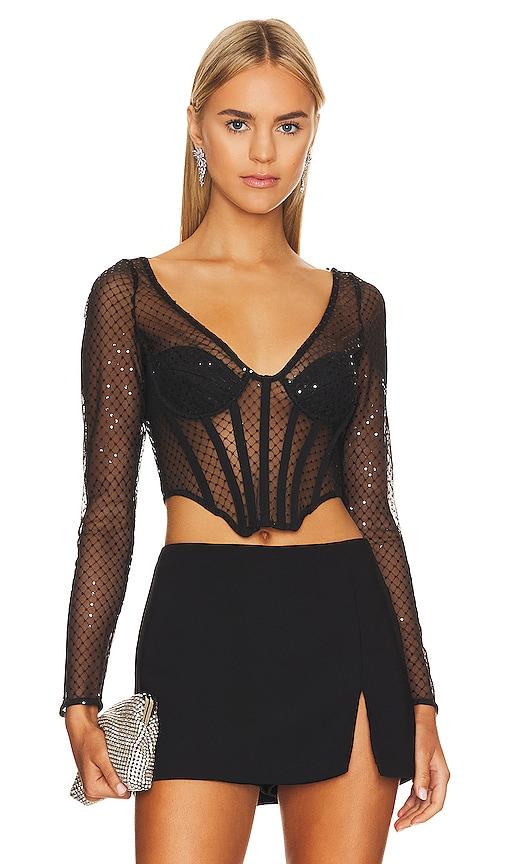 bardot sequin mesh corset top in black. - size 12 (also in 6)
