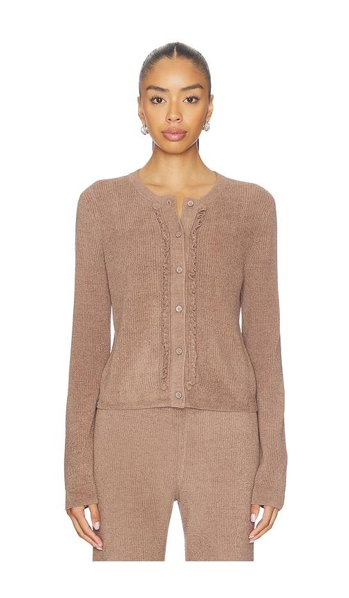 barefoot dreams cozychic ultra lite pointelle rib ruffle front cardigan in brown. - size l (also in s, xs, m, xl)