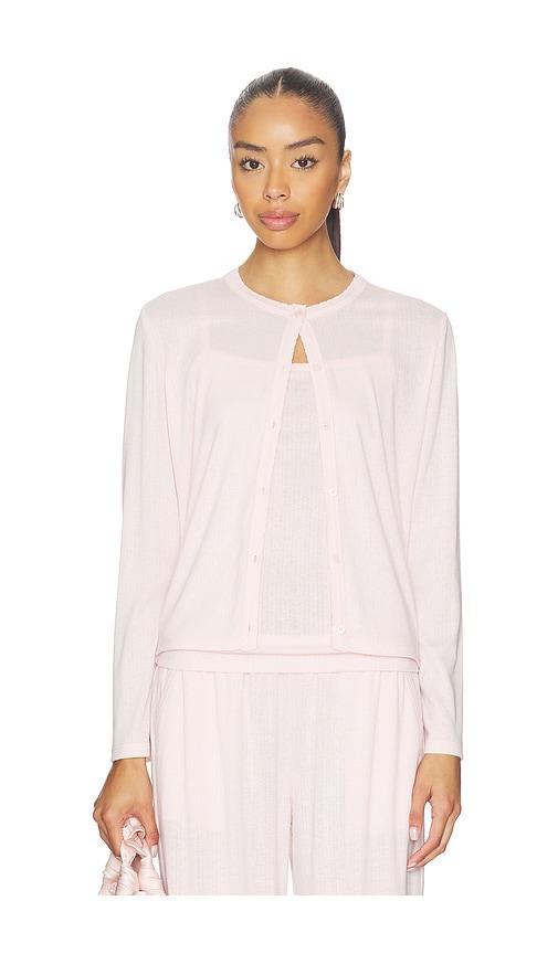 barefoot dreams pointelle rib cardigan with scallop trim in pink. - size s (also in xs)