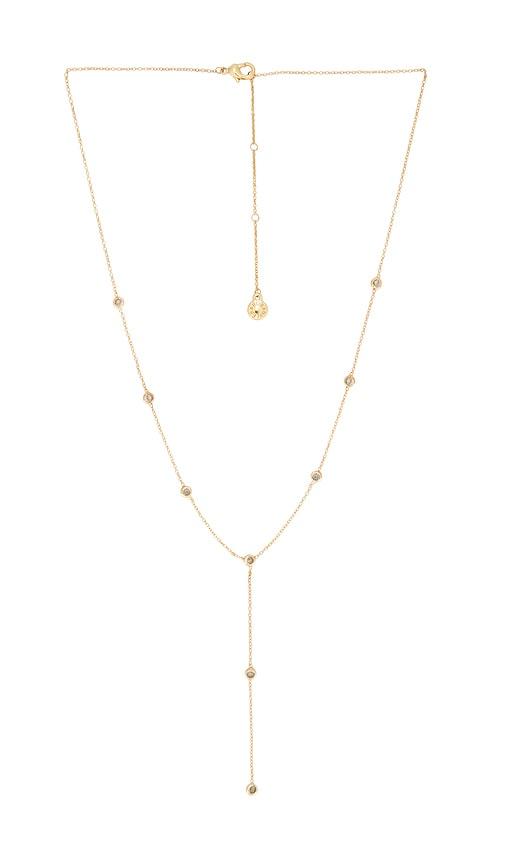 baublebar crystal lariat necklace in metallic gold.