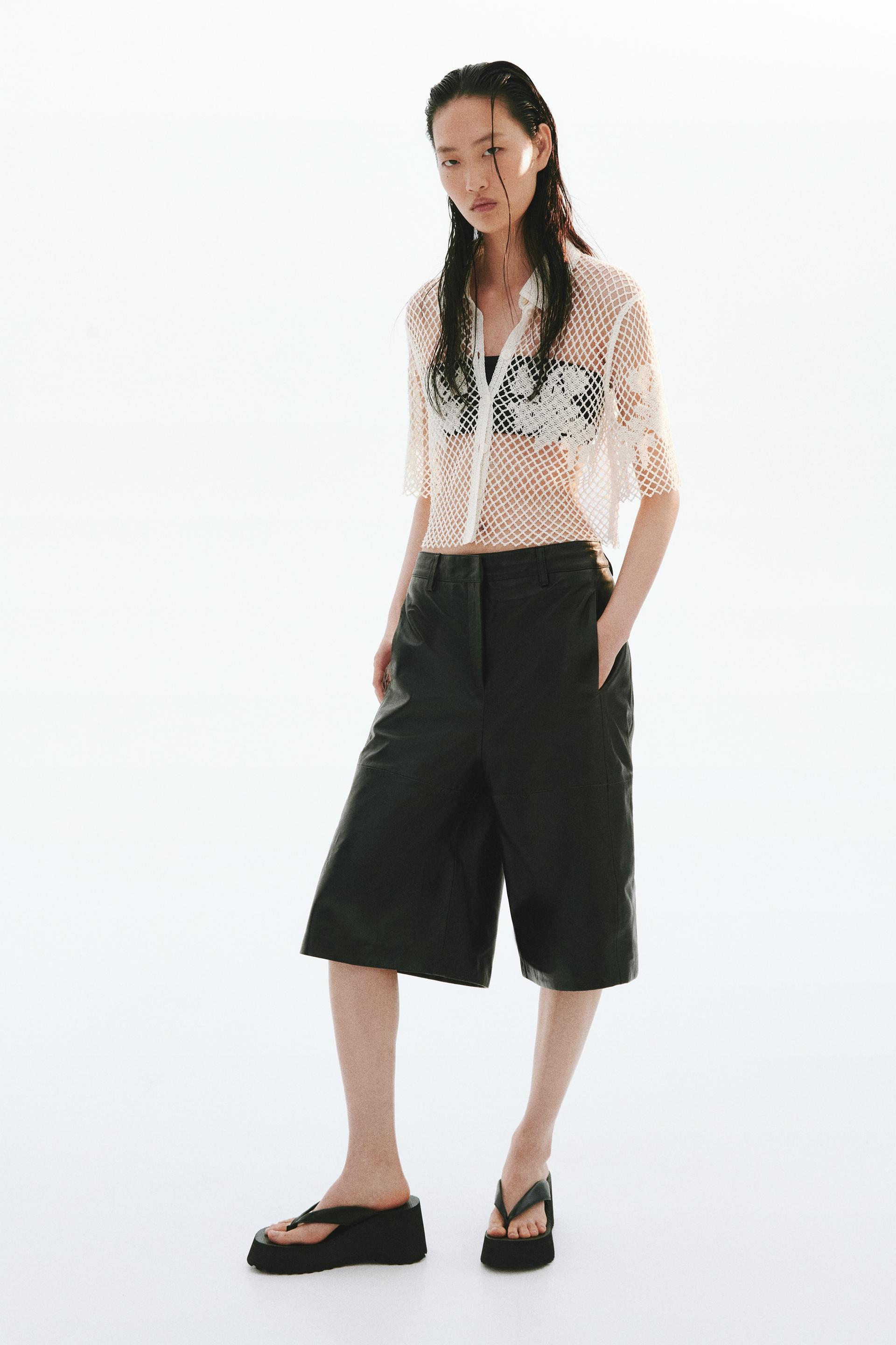 bead-detail crochet-look shirt