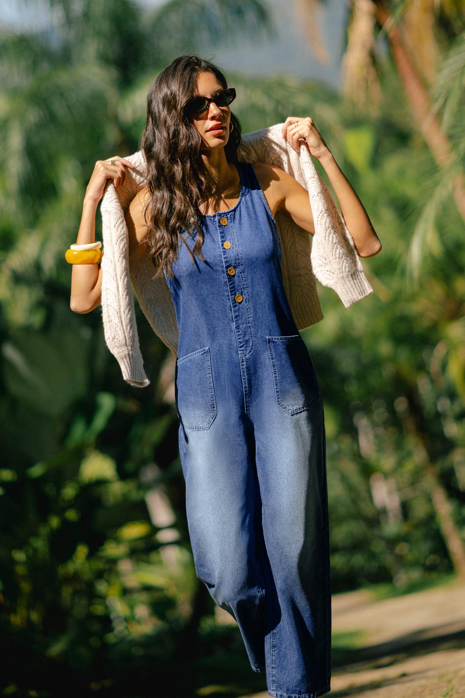 berry picking denim jumpsuit - l