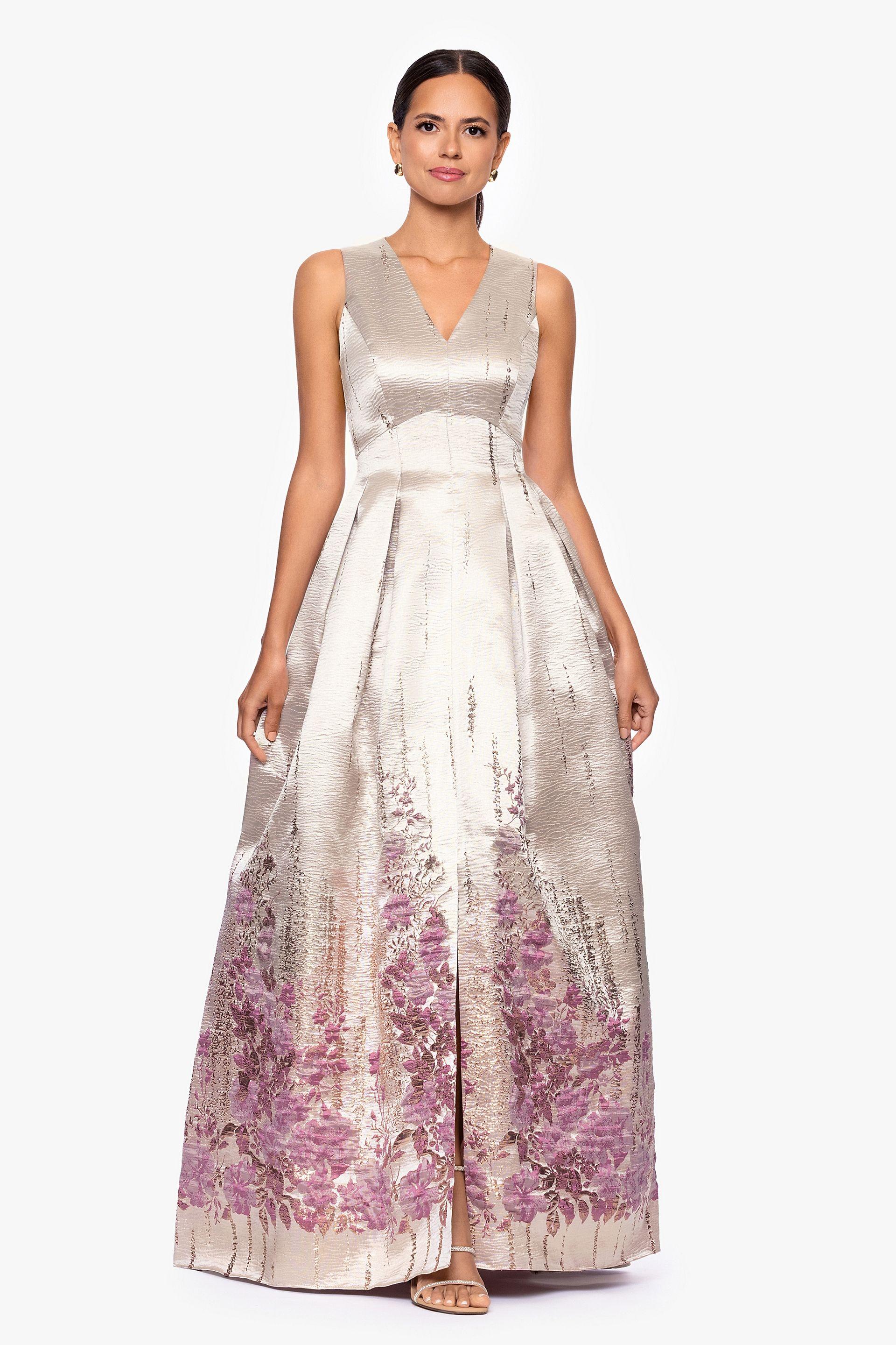 betsy and adam floral brocade box-pleated a-line dress in champagne/multi size: 16 david's bridal
