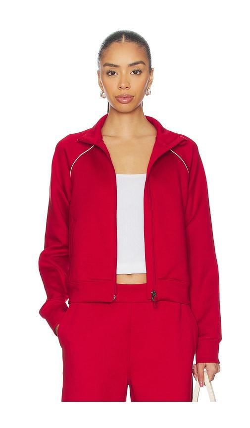 beyond yoga piped zip front jacket in red. - size m (also in s)