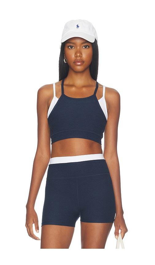 beyond yoga space dye layered long line bra in navy. - size l (also in m, s, xl, xs)