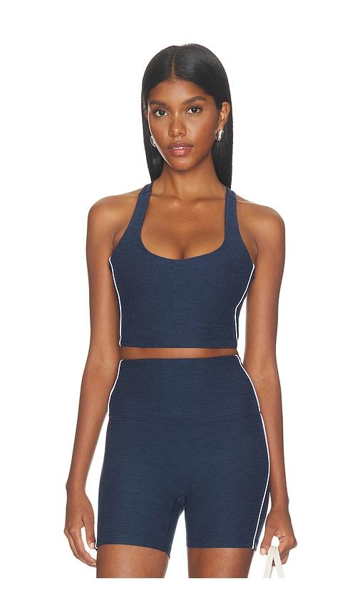 beyond yoga spacedye racerback contrast piping tank top in navy. - size l (also in xs, s, m)
