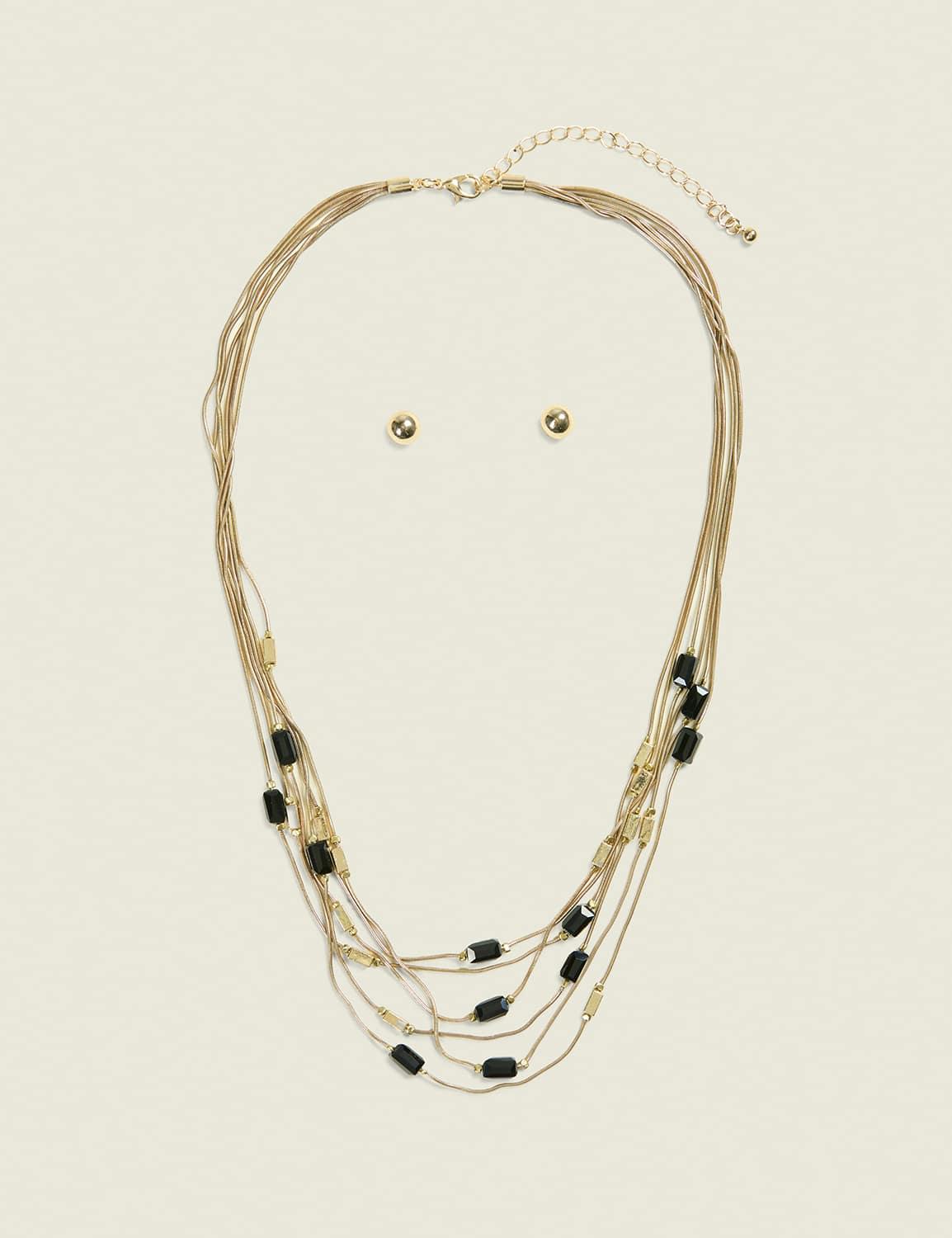 black & goldtone beaded multi-row necklace & earring set