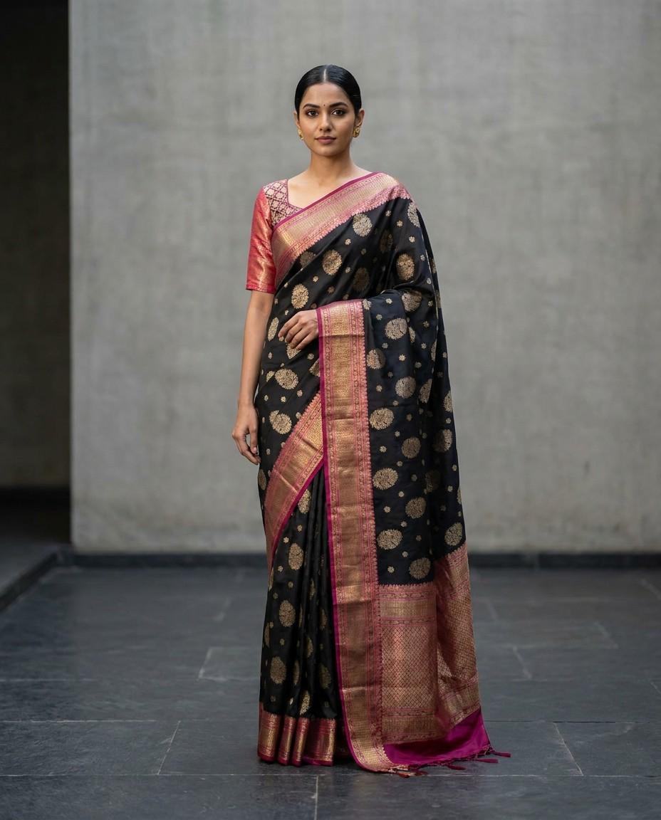 black and pink banarasi silk saree and blouse