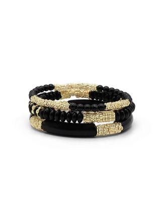 black beads gold plated textured bead bracelet stack
