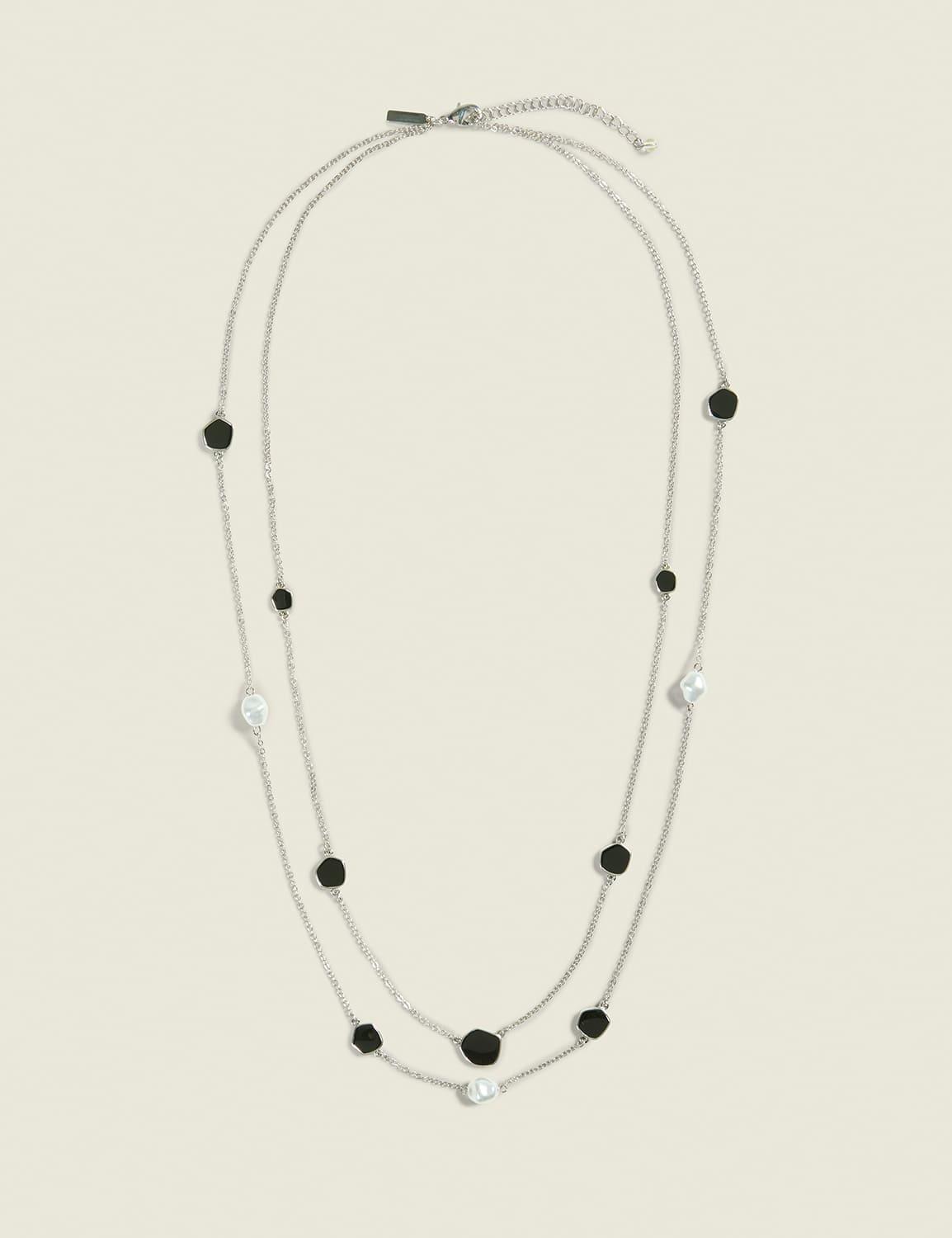 black imitation stone & pearlized multi-row necklace