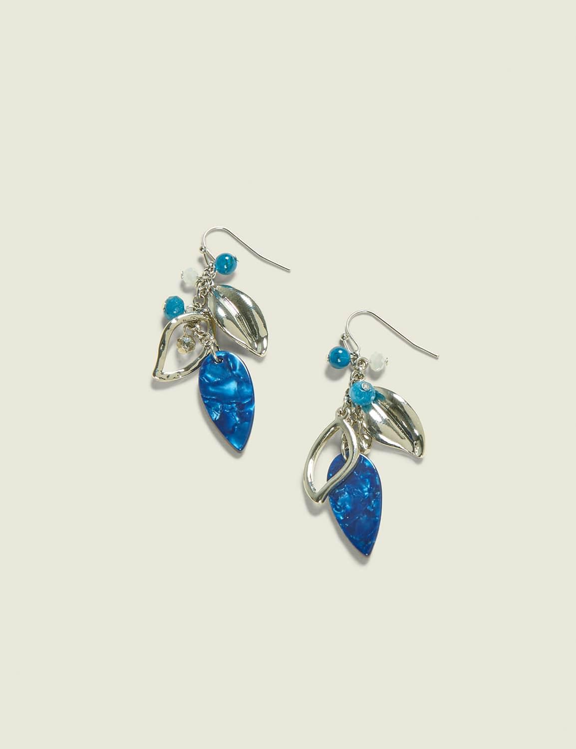 blue & silvertone feathered drop earrings