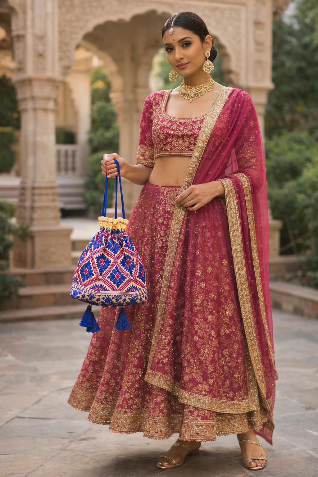blue and pink silk potli bag
