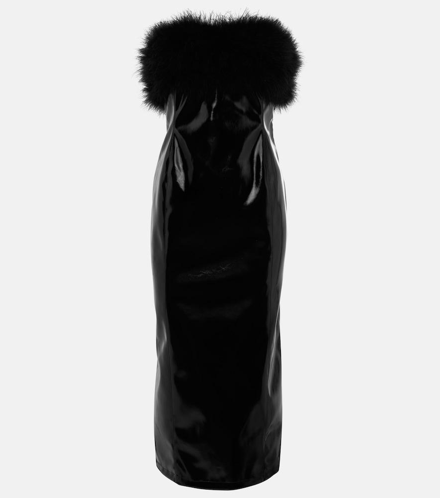 blumarine feather-trimmed faux leather midi dress
