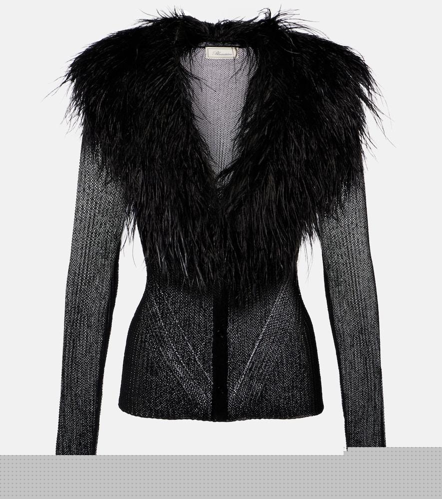 blumarine feather-trimmed ribbed-knit cardigan