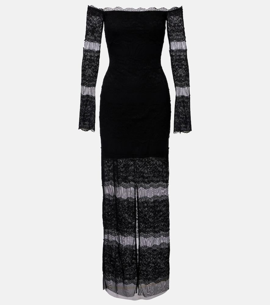 blumarine off-shoulder lace tulle maxi dress