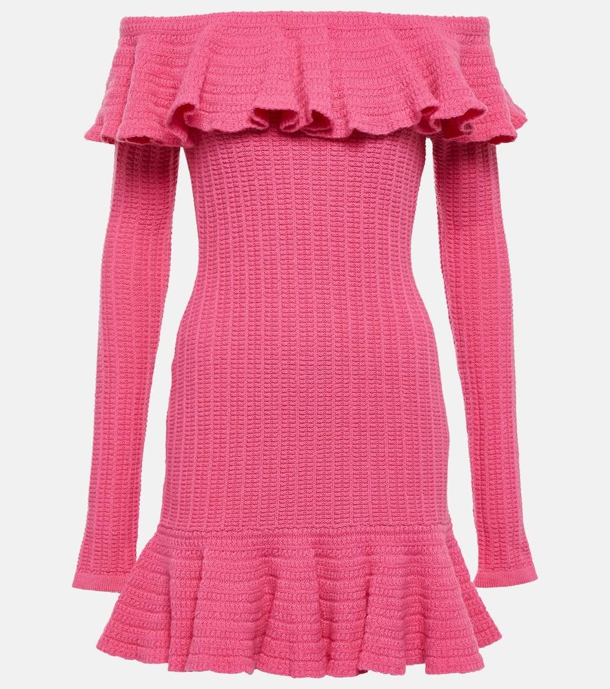 blumarine off-shoulder ruffled wool minidress