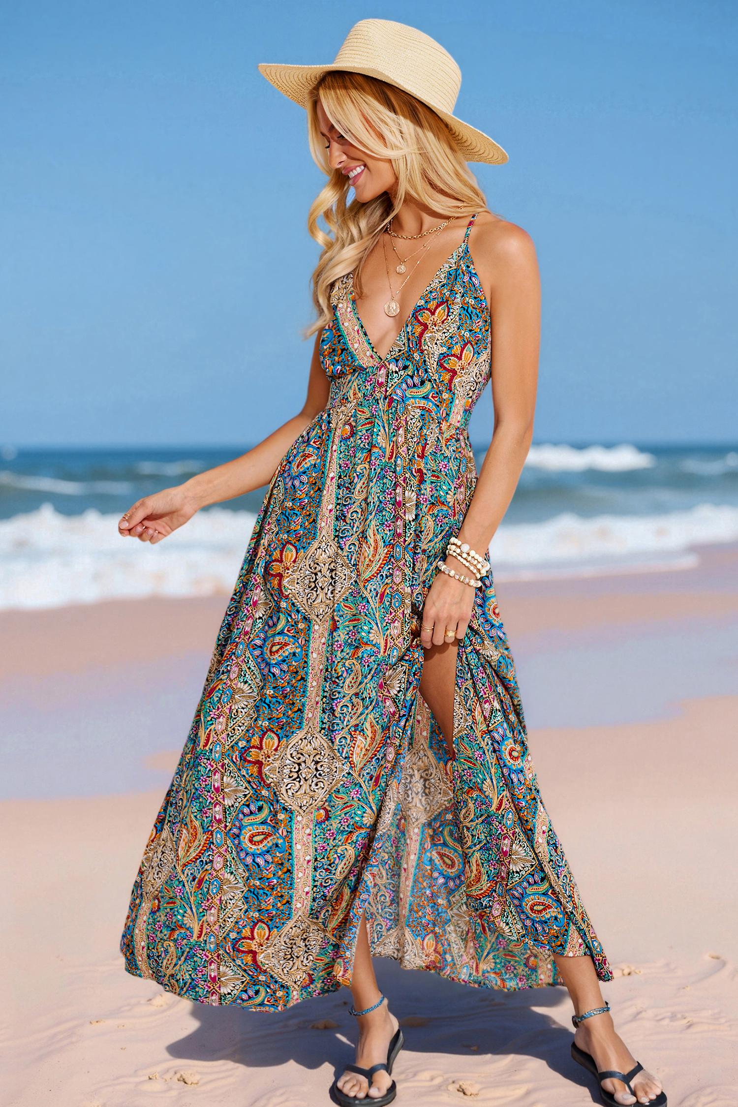 boho paisley plunging maxi dress - s