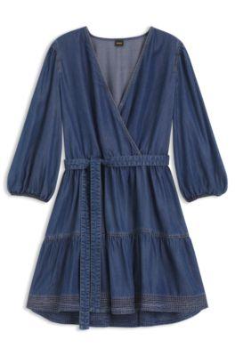 boss balloon-sleeve dress with wrap front - blue women's mini dresses size 10