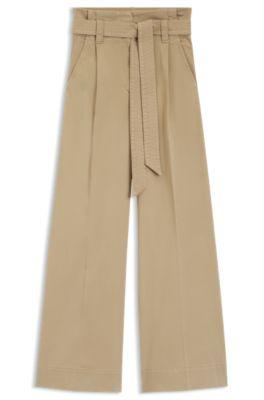 boss belted wide-leg pants in stretch-cotton twill - brown women's casual pants size 6