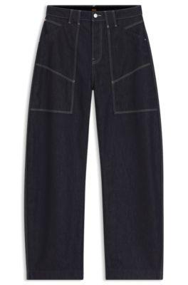 boss blue balloon-leg jeans in blue rigid denim - dark blue women's pants size 27/32