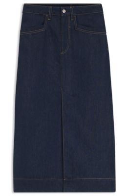 boss blue midi skirt in rigid denim - dark blue women's casual skirts size 8