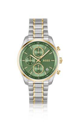 boss grand tour ladies two-tone watch with green dial and five-link bracelet - women's watches