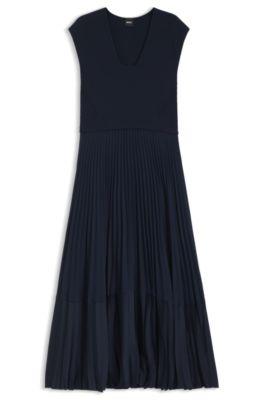 boss knitted dress with plissé skirt part - dark blue women's knitted dresses size s