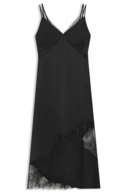 boss lace-detail slip dress in soft sateen - black women's business dresses size 8