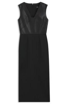 boss leather-bodice dress in virgin wool - black women's business dresses size 14