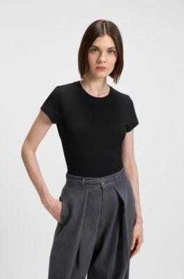 boss lustrous-piping t-shirt in cotton crepe - black women's t-shirts size s