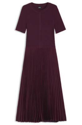 boss mixed-material dress with pleated skirt - dark purple women's knitted dresses size m