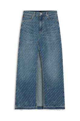 boss pinstripe denim skirt with front slit - blue women's casual skirts size 29