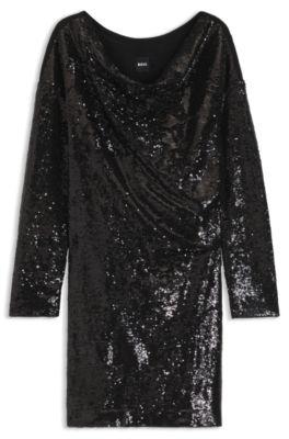 boss sequin dress with draped neckline - black women's jersey dresses size l