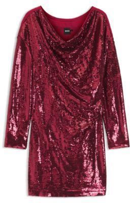 boss sequin dress with draped neckline - dark red women's jersey dresses size l