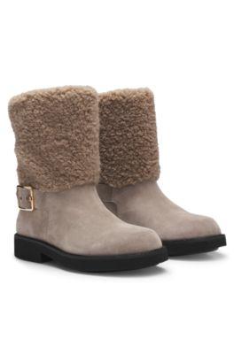boss suede biker boots with faux-fur trim - light brown women's boots size 7