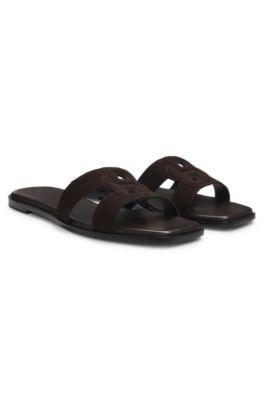 boss suede slides with stitched double b monogram - dark brown women's sandals size 9