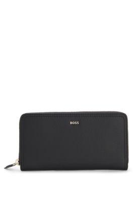 boss zippered wallet in grained leather with metallic logo lettering - black women's wallets size pcs.
