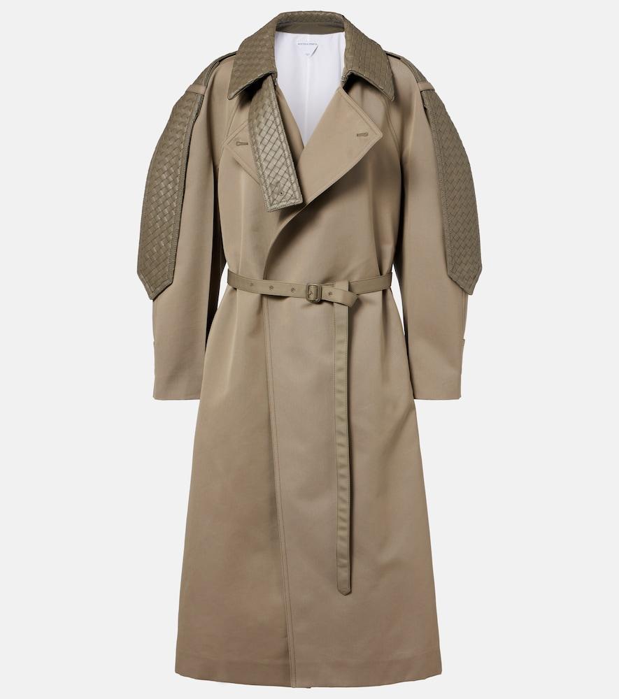 bottega veneta intrecciato leather-trimmed trench coat