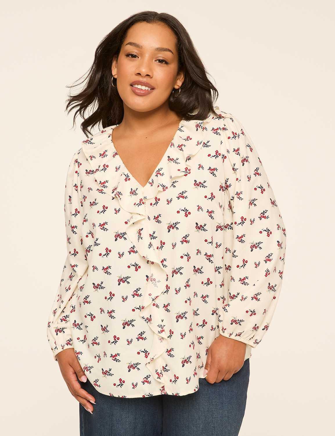bracelet-sleeve ruffle-neck blouse